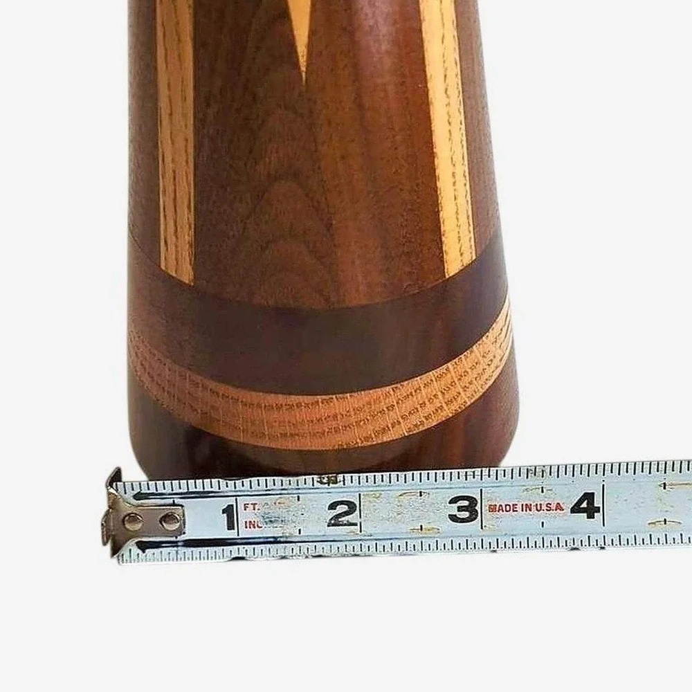 Vintage 1970s Hand Turned Multi-Wood Inlay Candlestick Taper Holder 10 Inch
